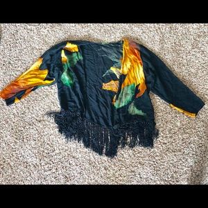 Beautiful Orange/Black blossom fringe kimono